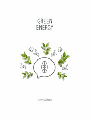 Cartoon sketch of leaves in a speach bubble. Illustration of Environmentally friendly planet. Sign of green energy. Think Green. Protect the World