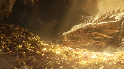 Majestic Dragon Guarding Gleaming Treasure in Dark Cave.
