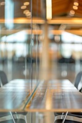 Blurred background of a conference room with glass walls and modern furniture