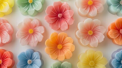 Fototapeta premium A top view of handcrafted namagashi, shaped like delicate flowers with vibrant colors and intricate petal details, emphasizing the smooth, soft texture and the artistic craftsmanship involved in