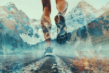 Power in Motion: Close-up of Runner's Legs with Mountainous Background