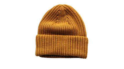 A mustard yellow knitted beanie hat isolated on a transparent background.