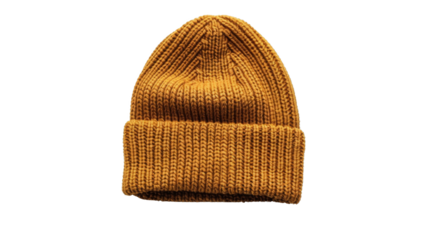 A mustard yellow knitted beanie hat isolated on a transparent background.