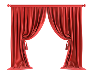Elegant red curtains with classic pleats and tiebacks, perfect for adding a touch of sophistication to any stage, window, or interior decor.