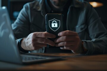 Data network security and privacy concepts. Merchants use smartphones and computers with cybersecurity technology to protect personal data and secure Internet access.