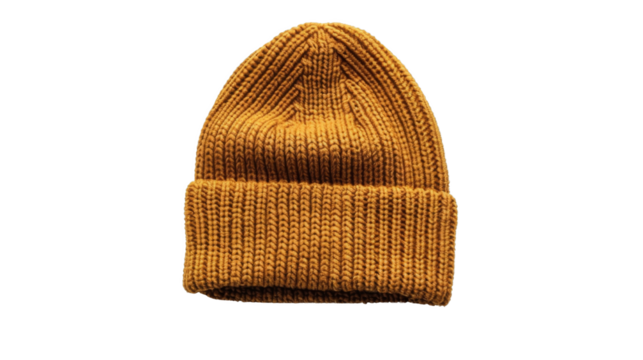 A mustard yellow knitted beanie hat isolated on a transparent background.