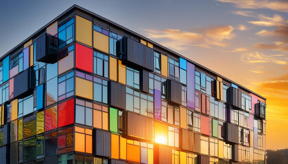 A building with colourful structure and sunlight on it