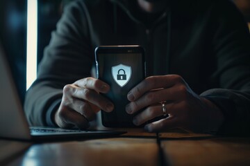 Data network security and privacy concepts. Merchants use smartphones and computers with cybersecurity technology to protect personal data and secure Internet access.