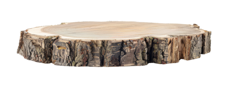 A rustic wooden tree slice, showcasing natural texture and grain
