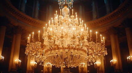 Obraz premium A grand crystal chandelier hangs in a grand room, illuminating the space with its shimmering brilliance.