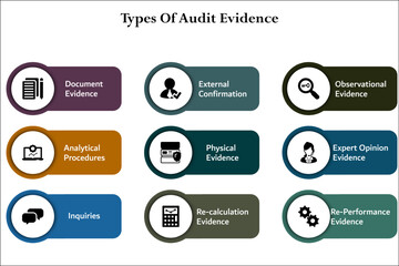 Eight Types of audit evidence. Infographic template with icons and description placeholder