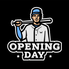 Baseball player with bat, logo on a dark background.