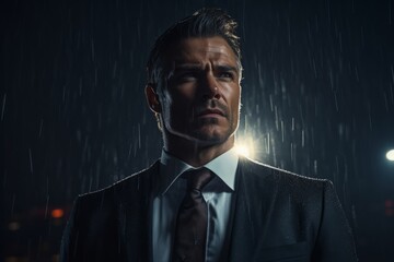 Obraz premium 夜の雨とビジネスマン,Generative AI AI画像