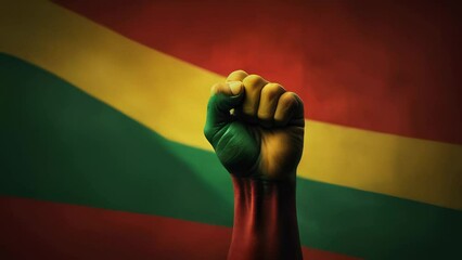 Close-up of hand fist symbol pose with fluttering juneteenth flag on the bacground and copy space area.