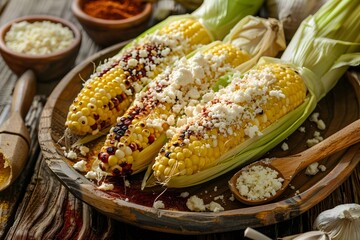 Vibrant Pop Art Portrayal of Glistening Charred Elote with Cotija Cheese and Spices