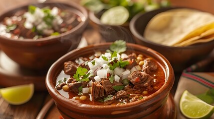 Steaming Bowls of Hearty Menudo Stew with Vibrant Garnishes and Warm Tortillas