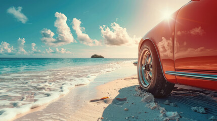 A beachside summer scene with a car.