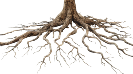 Close-up of a tree's roots exposed above ground, showcasing the intricate and sprawling network of a tree's foundation.