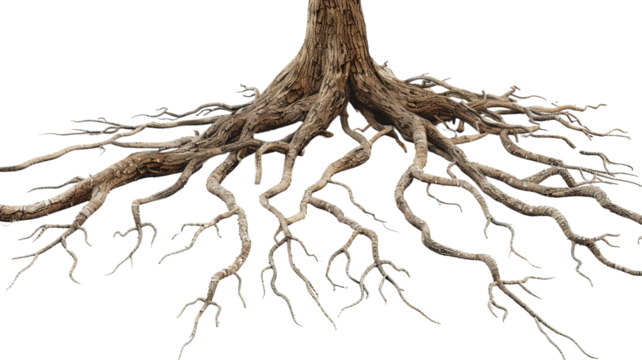 Close-up of a tree's roots exposed above ground, showcasing the intricate and sprawling network of a tree's foundation.