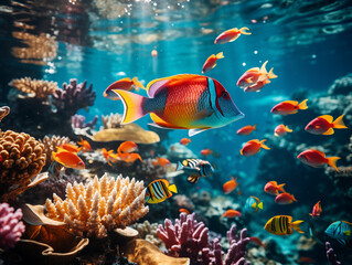 A Beautiful Coral Reef Just Below The Water, With Colorful Fish Swimming Around