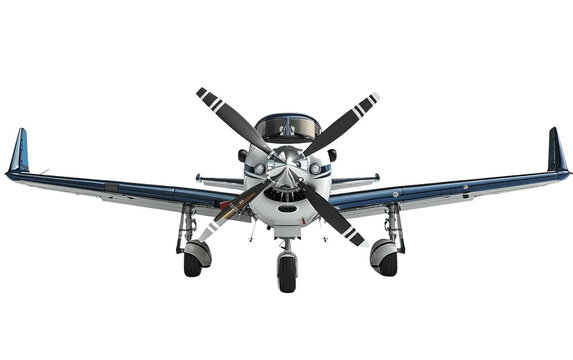 Front view of a small propeller plane isolated on white. The aircraft showcases detailed parts and is suitable for aviation-related concepts.