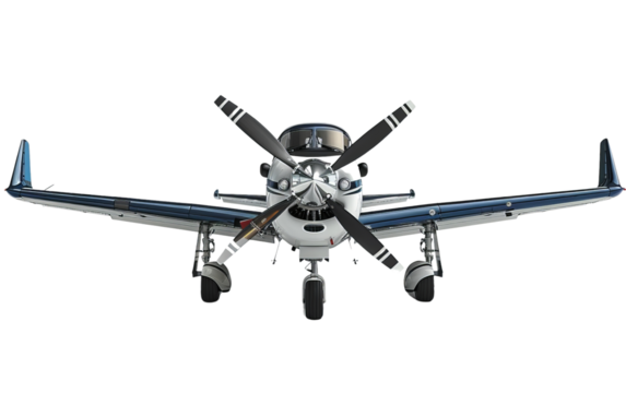 Front view of a small propeller plane isolated on white. The aircraft showcases detailed parts and is suitable for aviation-related concepts.