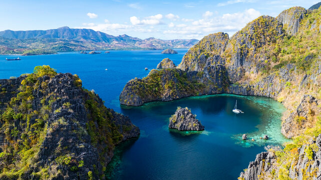 Coron, Palawan, Philippines, aerial view of beautiful lagoons and limestone cliffs.