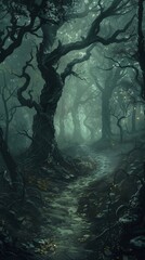 A haunted forest illustration showing a narrow, winding path leading deeper into the woods. The trees are tall and menacing, with twisted branches that form a canopy overhead. Faint, ghostly lights
