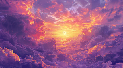 Obraz premium A hot summer or heat wave sets the scene, framed by a purple sky strewn with clouds and a luminous sun.