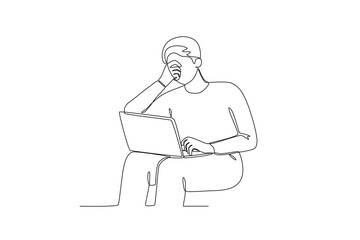 Single continuous line drawing of A confused man looks at a file. Stressed working in office with problem. One line draw design vector illustration
