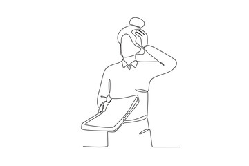Single continuous line drawing of a confused woman looks at a file. Stressed working in office with problem. One line draw design vector illustration
