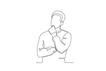 Single continuous line drawing of A man who was confused while holding his chin. Stressed working in office with problem. One line draw design vector illustration
