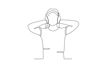 Single continuous line drawing of A stressed woman with ear plugs. Stressed working in office with problem. One line draw design vector illustration
