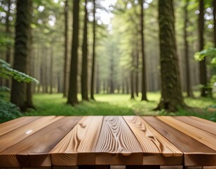 Rustic Calm: Wooden Table Amidst Tall, Blurred Trees
