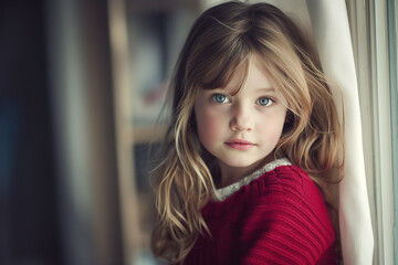 Obraz premium pensive young girl by window in red sweater