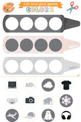 Learning basic colors with pencils Cut and glue black gray white Educational children game. Matching game worksheet for kids. Match by color. Find illustrations of the same color as pencils