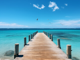Fototapeta premium A Long Wooden Pier Extending Into The Ocean, With Gentle Waves And Seagulls Against A Clear Blue Sky