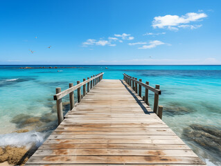 Obraz premium A Long Wooden Pier Extending Into The Ocean, With Gentle Waves And Seagulls Against A Clear Blue Sky