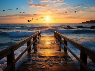A Long Wooden Pier Extending Into The Ocean, With Gentle Waves And Seagulls Against A Clear Blue Sky