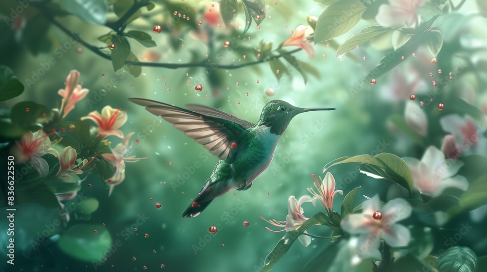 Wall mural  In a verdant garden alive with the vibrant hues of nature, a mesmerizing painting comes to life, depicting a graceful hummingbird poised amidst a cluster of delicate flowers.
 - Wall murals