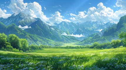 Verdant Meadow with Soothing Blue Sky and Scenic Mountain Range, Idyllic Nature Landscape Photography