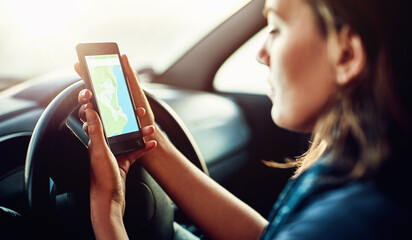 Phone screen, search and woman with map in car for travel, planning or checking traffic for road...