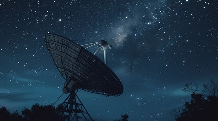 A large satellite dish under a starry night sky, capturing the beauty and vastness of the universe while serving as a symbol of technology and communication.