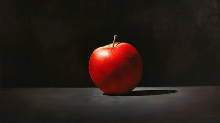 A red apple is sitting on a table in front of a dark background