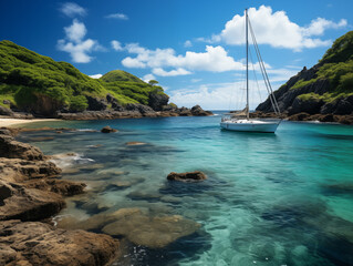 A Peaceful Bay With A Sailboat Anchored Near The Shore, Clear Blue Waters, Lush Green Hills, And A Bright Summer Sky