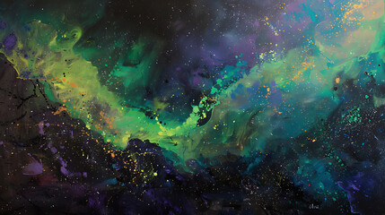 Fototapeta premium A painting of a green and purple space with stars and a nebula