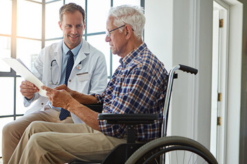 Doctor, man and wheelchair with documents in clinic for consultation, report or medical review....
