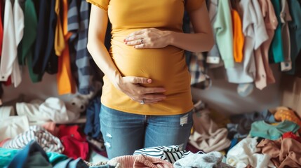 Obraz premium Pregnant woman standing in front of wardrobe filled with clothes, holding her belly and wearing a yellow shirt and jeans.