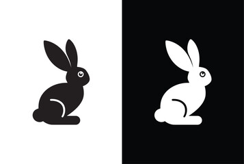 Black white side silhouette of a rabbit isolated on white black background. Vector illustration.
