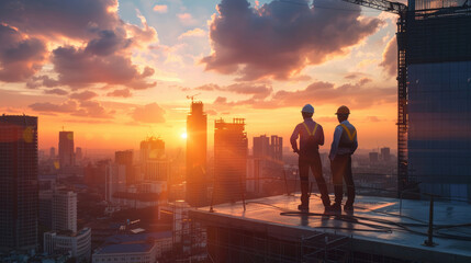 Fototapeta premium Team of Engineers in Discussion Against Sunset Backdrop